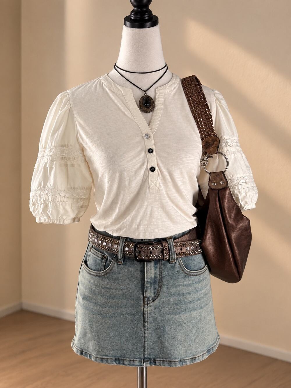Lauren Ralph Lauren Ivory Puff Sleeve Lace Trim Henley Top